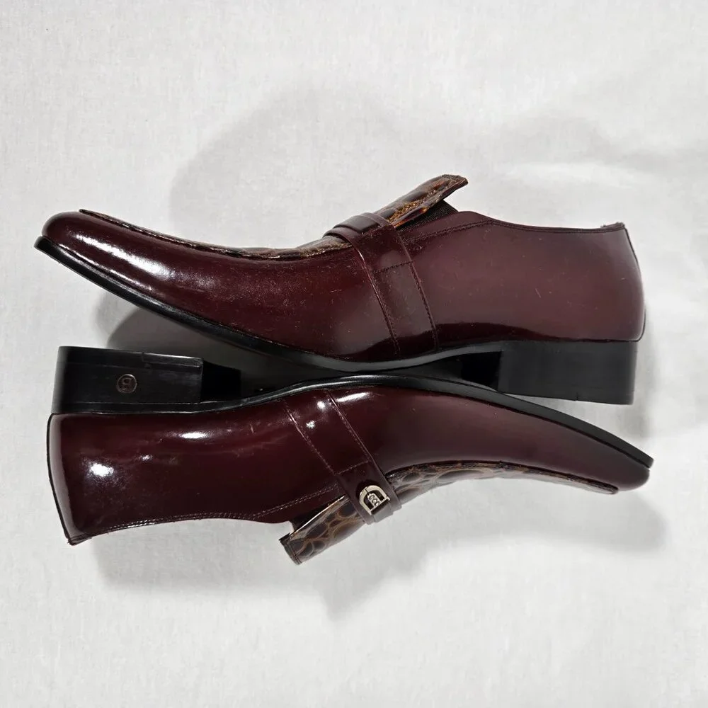 Vintage BALLY Rockabilly Red Wine Patent Leather Brown Crocodile Loafers Size 9B
